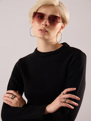 Women Black Acrylic Wool Hem Frindge Detail Midi Dress-SFDRSS13377