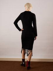 Women Black Acrylic Wool Hem Frindge Detail Midi Dress-SFDRSS13377