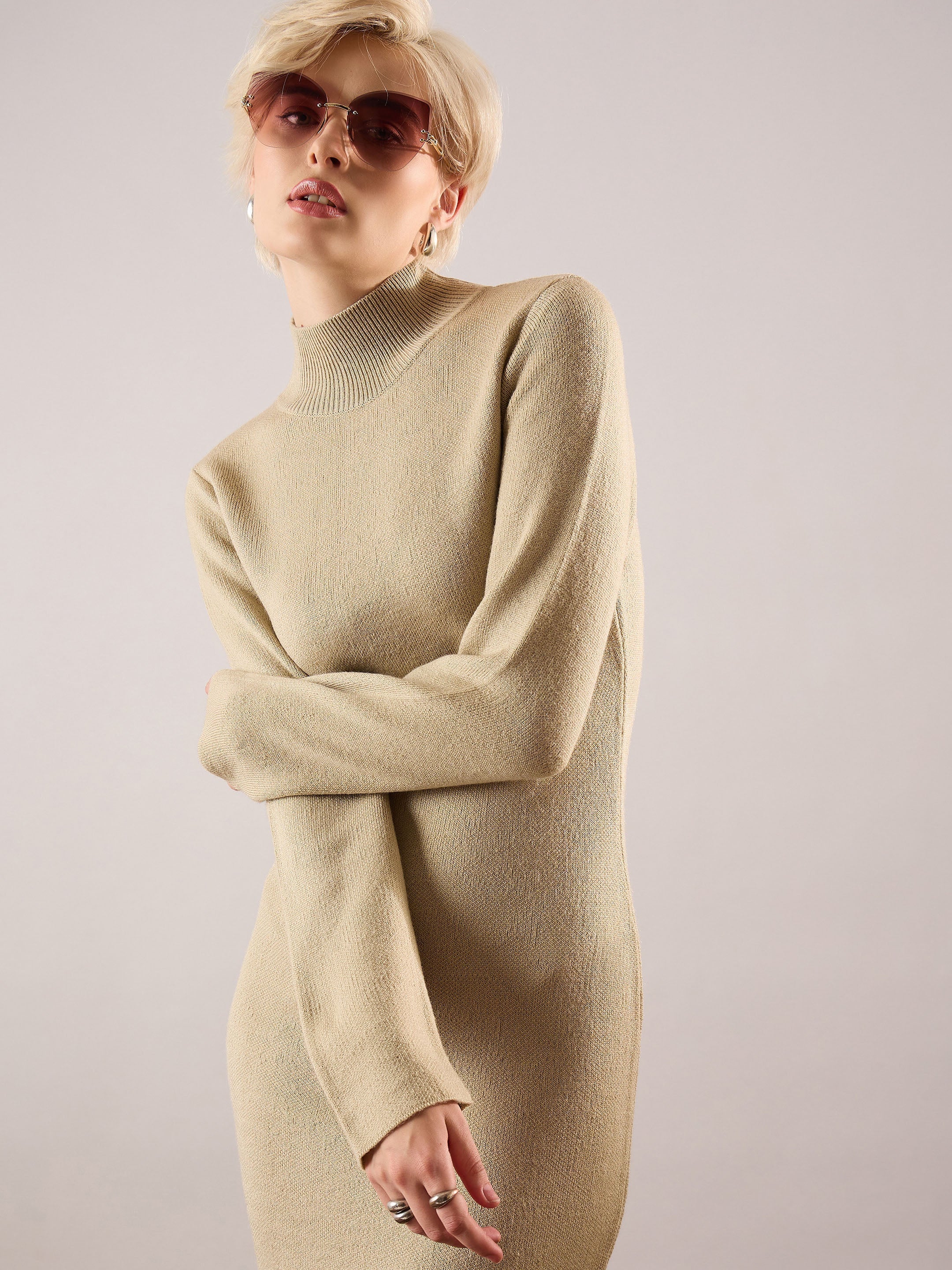 Women Beige Acrylic Wool High Neck Midi Dress-SFDRSS13378