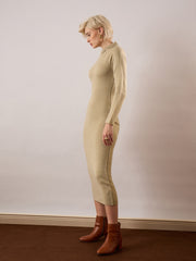 Women Beige Acrylic Wool High Neck Midi Dress-SFDRSS13378