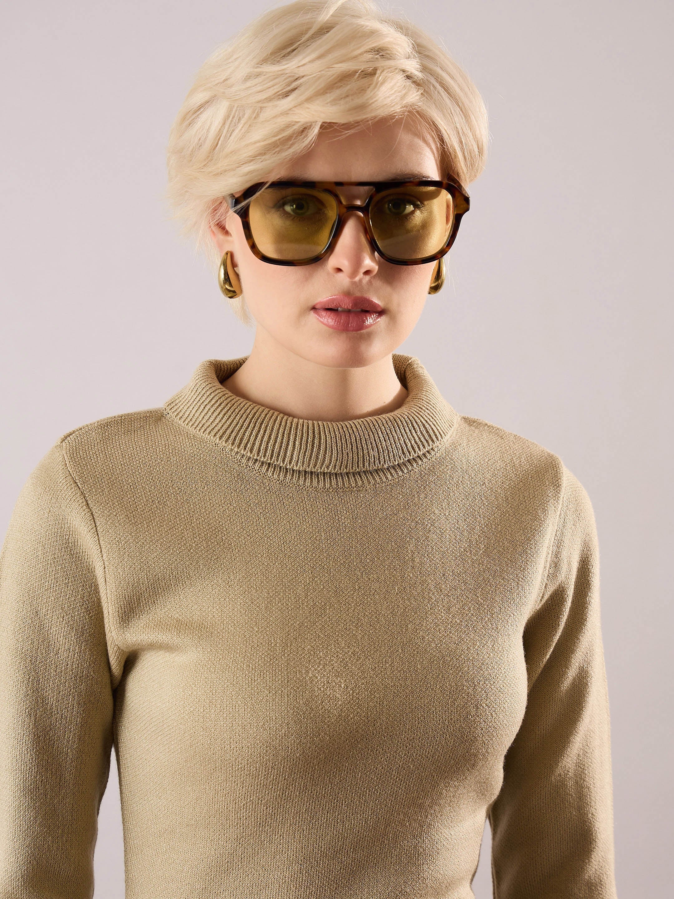 Women Beige Acrylic Wool High Neck Midi Dress-SFDRSS13378