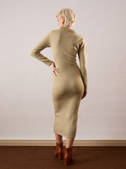 Women Beige Acrylic Wool High Neck Midi Dress-SFDRSS13378