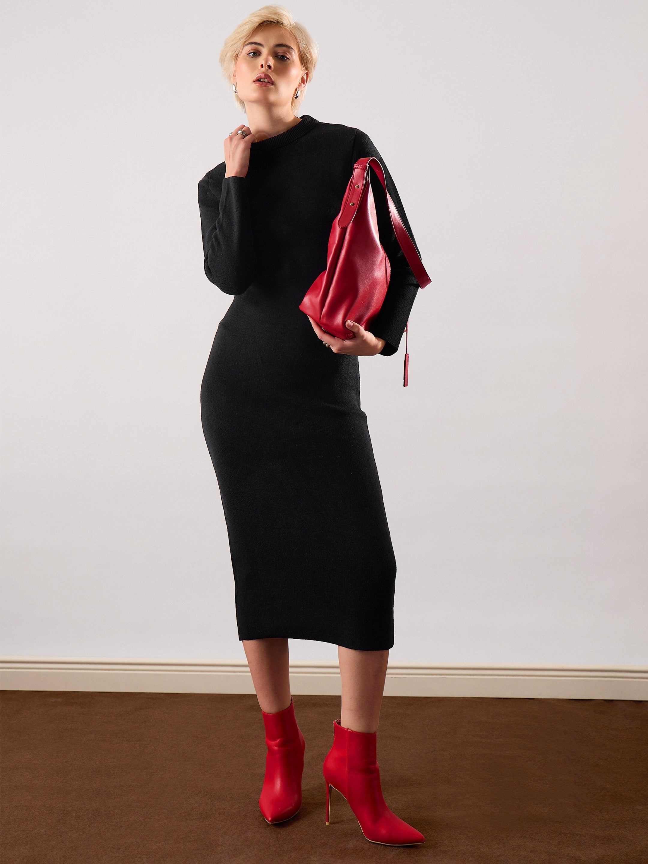 Women Black Acrylic Wool High Neck Midi Dress-SFDRSS13379