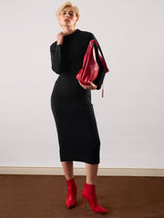 Women Black Acrylic Wool High Neck Midi Dress-SFDRSS13379