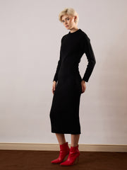 Women Black Acrylic Wool High Neck Midi Dress-SFDRSS13379