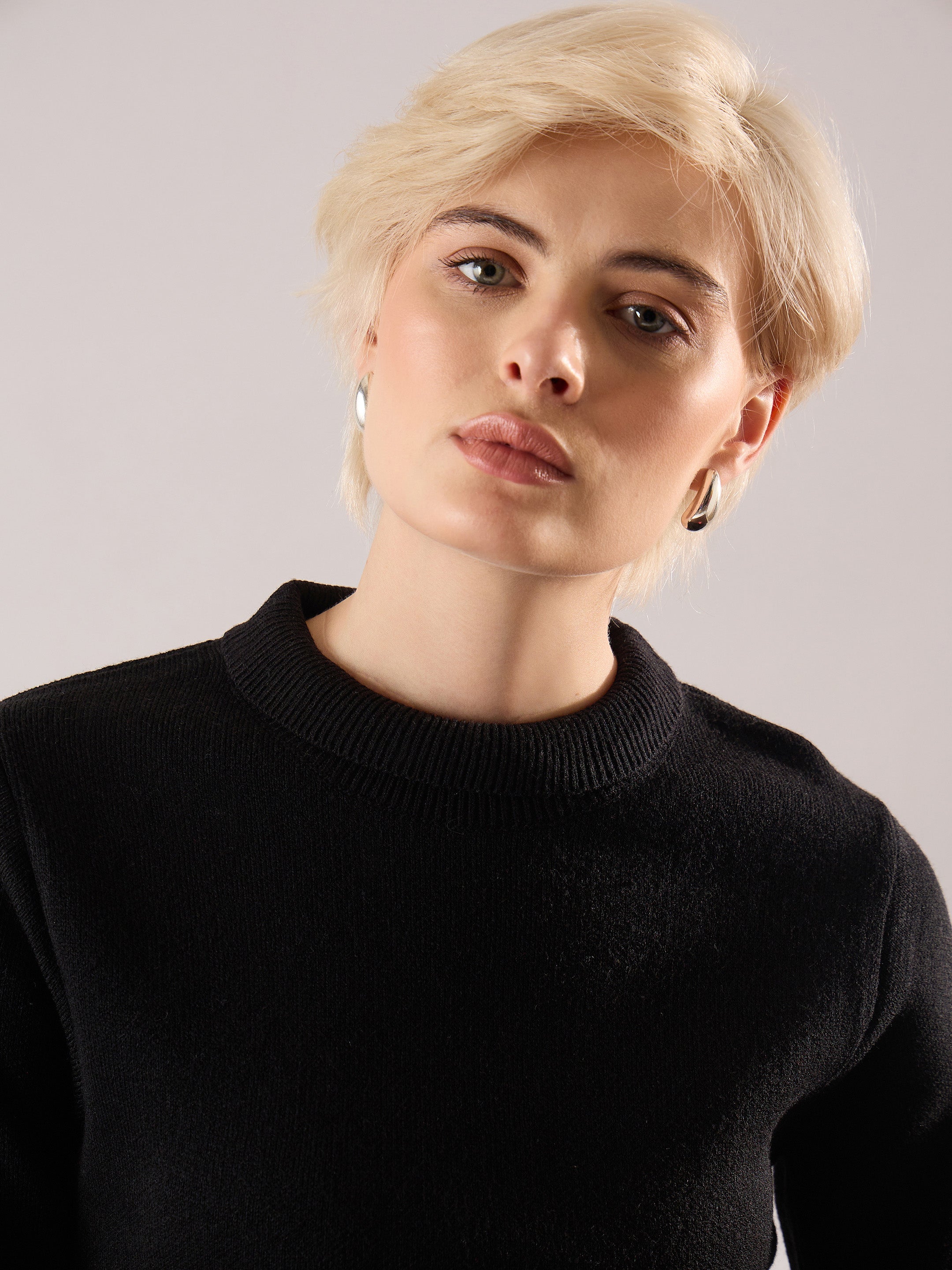 Women Black Acrylic Wool High Neck Midi Dress-SFDRSS13379