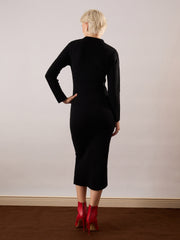 Women Black Acrylic Wool High Neck Midi Dress-SFDRSS13379