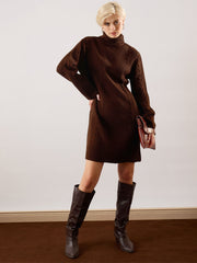 Women Brown Acrylic Wool Turtle Neck Short Dress-SFDRSS13380