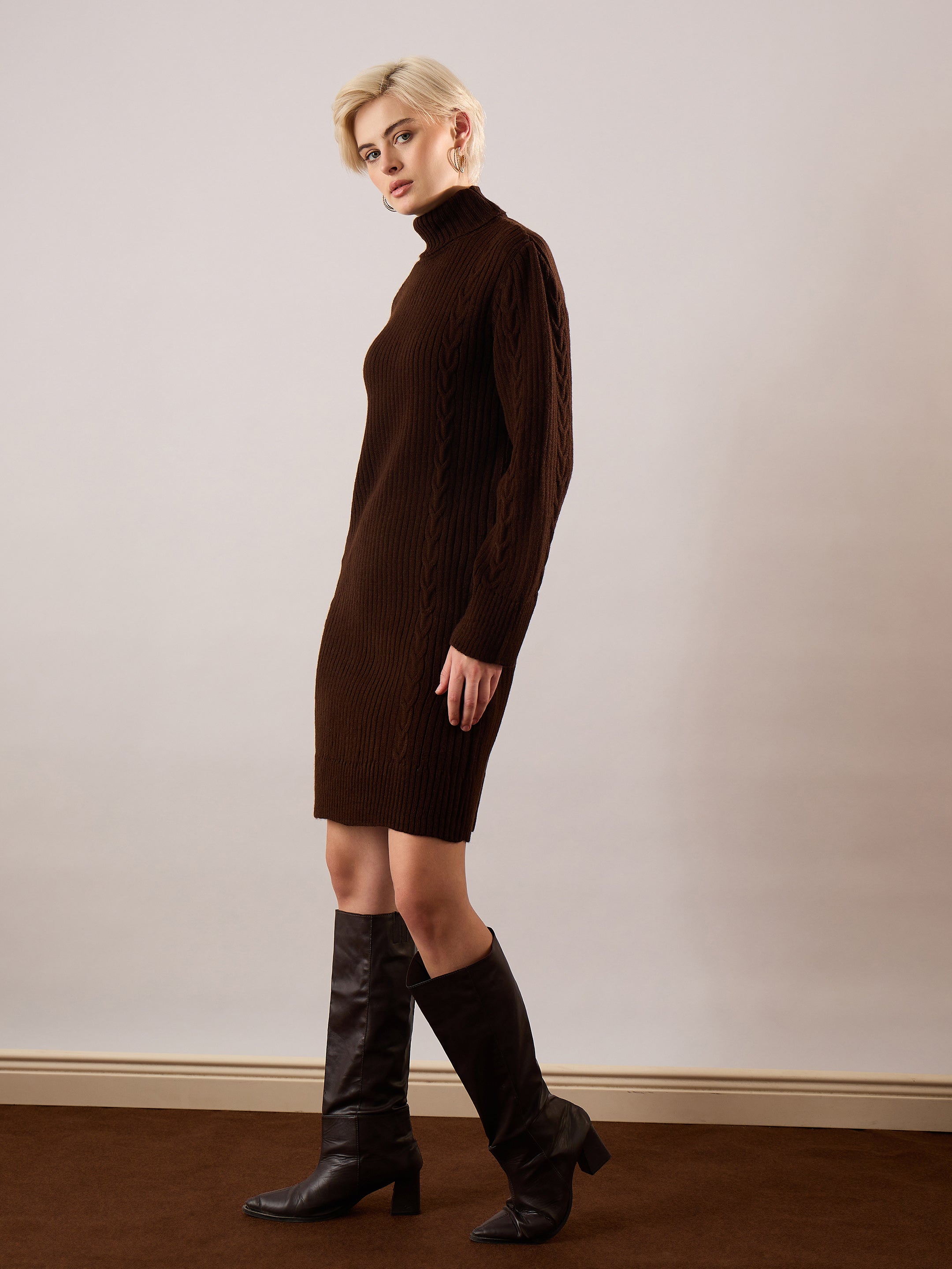 Women Brown Acrylic Wool Turtle Neck Short Dress-SFDRSS13380