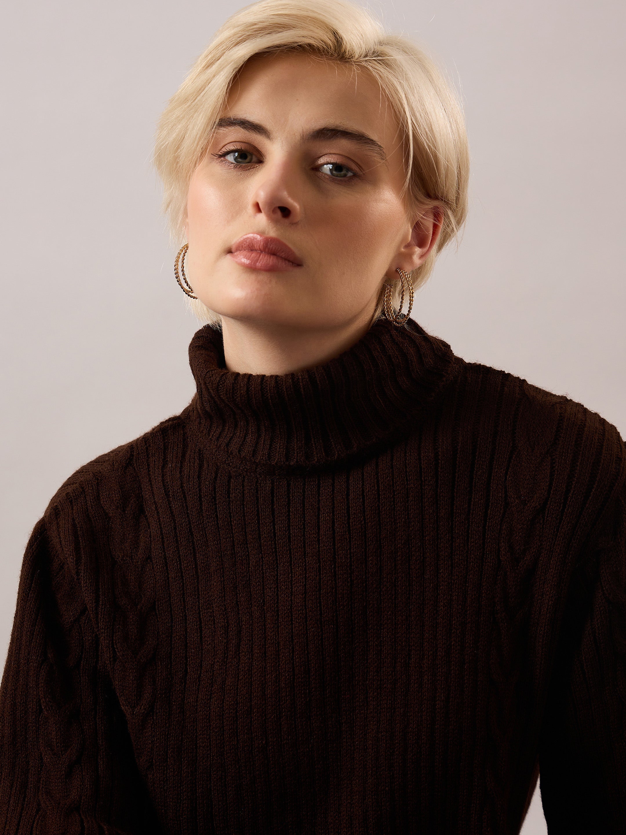 Women Brown Acrylic Wool Turtle Neck Short Dress-SFDRSS13380