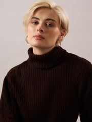 Women Brown Acrylic Wool Turtle Neck Short Dress-SFDRSS13380