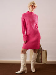 Women Pink Acrylic Wool Turtle Neck Short Dress-SFDRSS13381