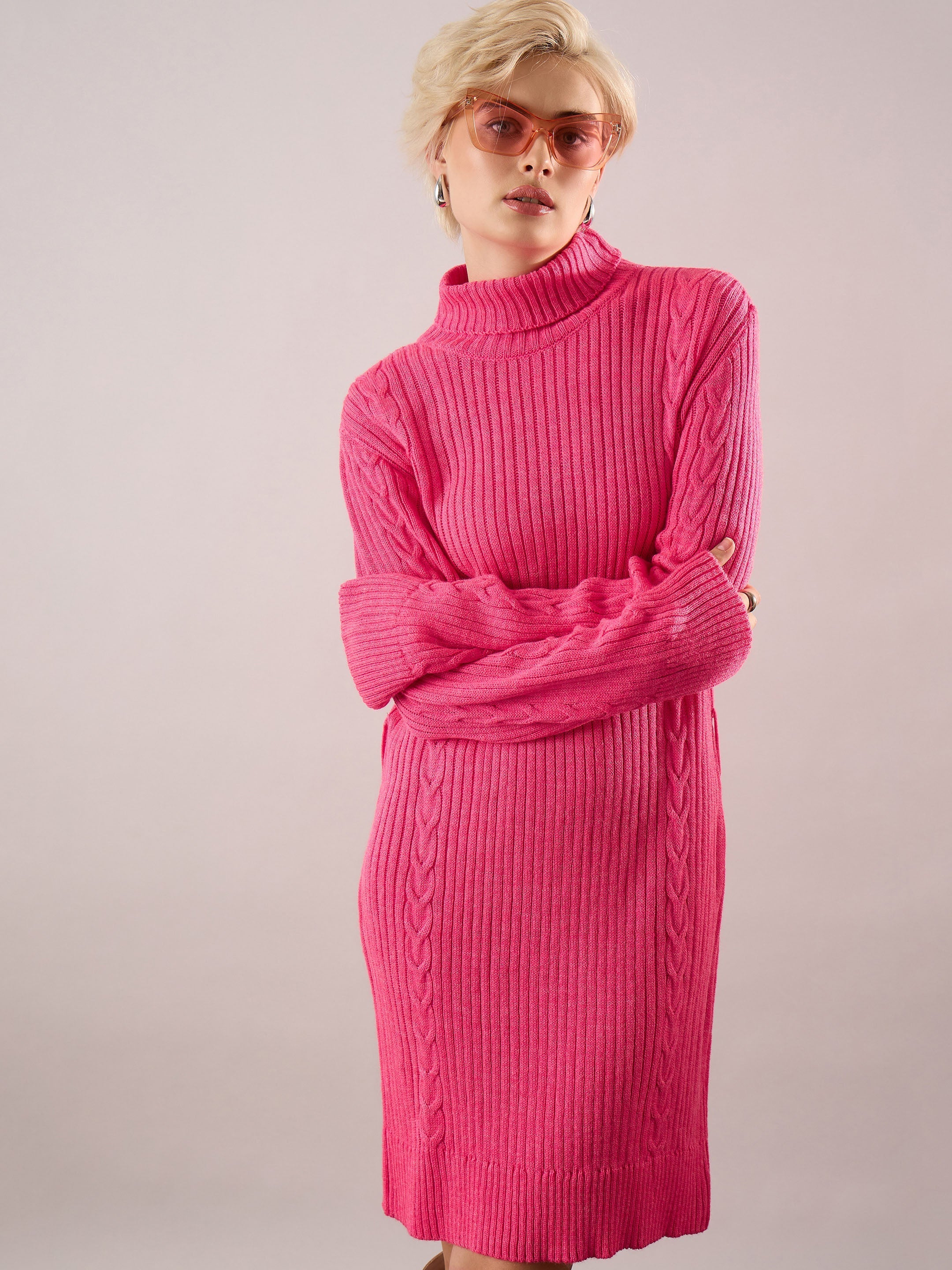 Women Pink Acrylic Wool Turtle Neck Short Dress-SFDRSS13381