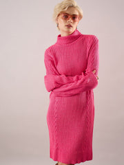 Women Pink Acrylic Wool Turtle Neck Short Dress-SFDRSS13381