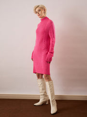 Women Pink Acrylic Wool Turtle Neck Short Dress-SFDRSS13381