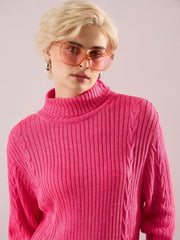 Women Pink Acrylic Wool Turtle Neck Short Dress-SFDRSS13381