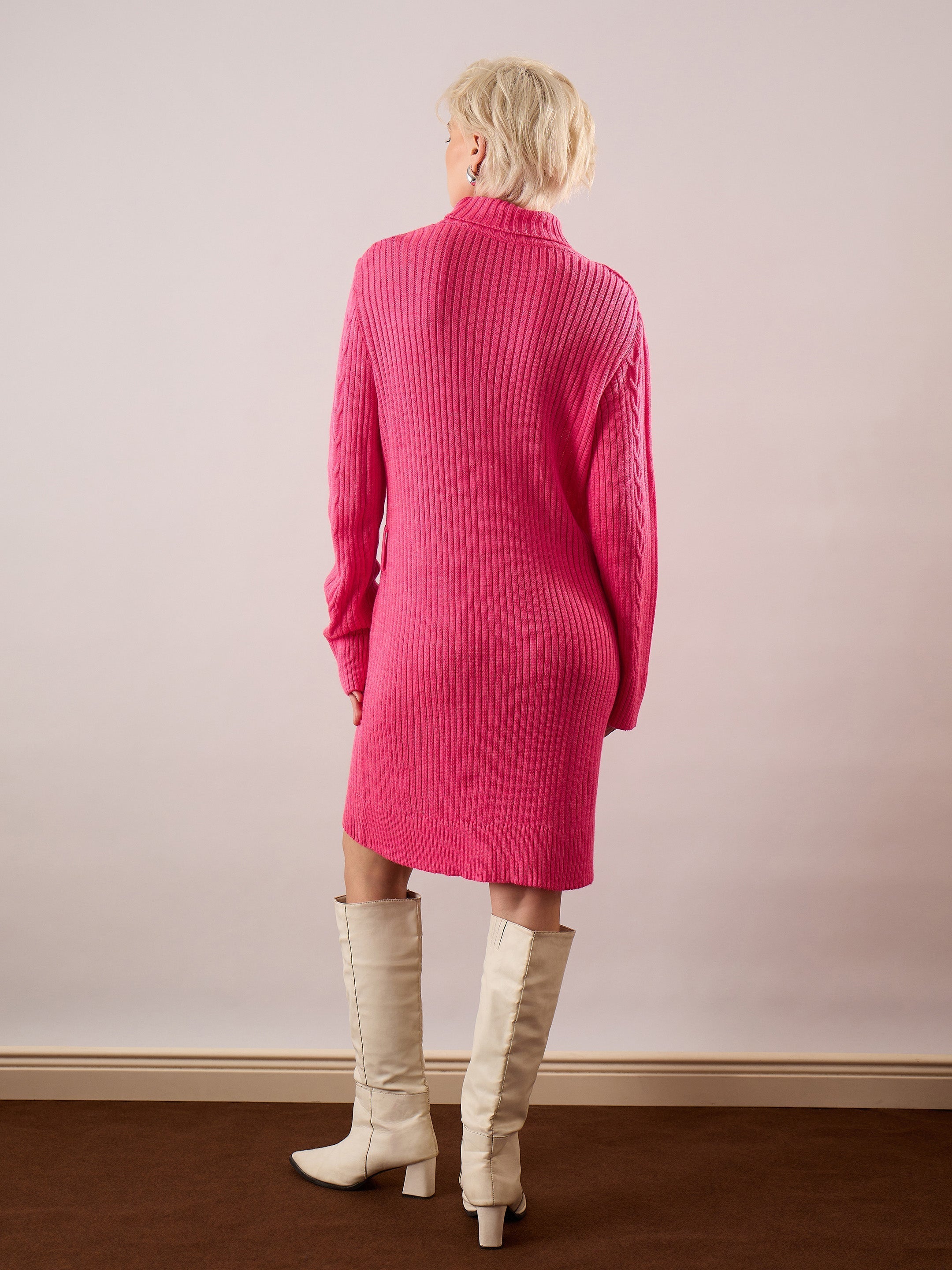 Women Pink Acrylic Wool Turtle Neck Short Dress-SFDRSS13381