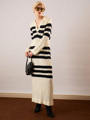 Women Black & Off White Striped Acrylic Wool Collar Midi Dress-SFDRSS13382