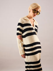 Women Black & Off White Striped Acrylic Wool Collar Midi Dress-SFDRSS13382