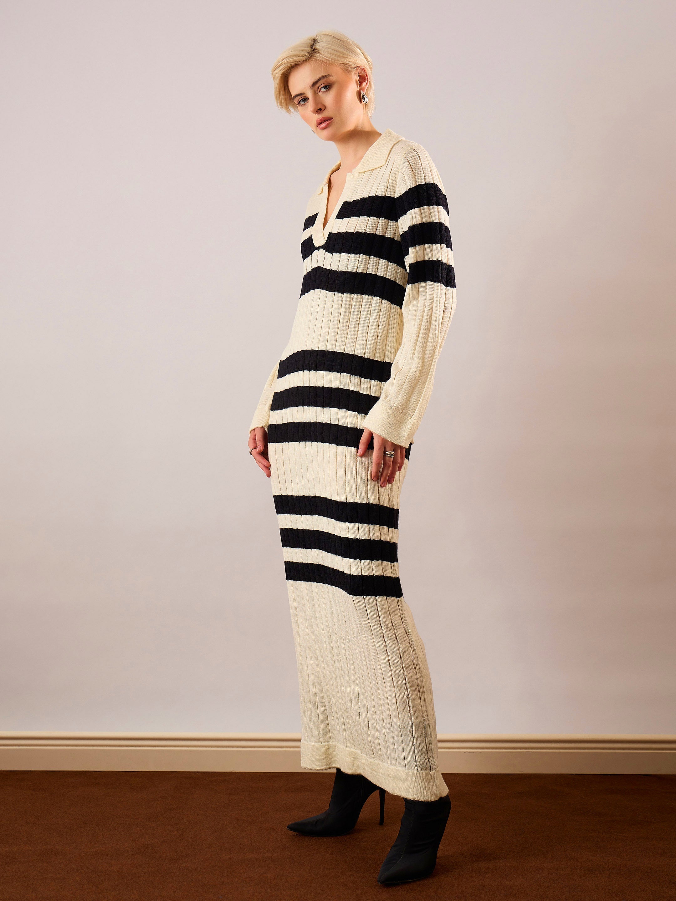 Women Black & Off White Striped Acrylic Wool Collar Midi Dress-SFDRSS13382