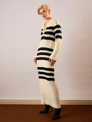 Women Black & Off White Striped Acrylic Wool Collar Midi Dress-SFDRSS13382