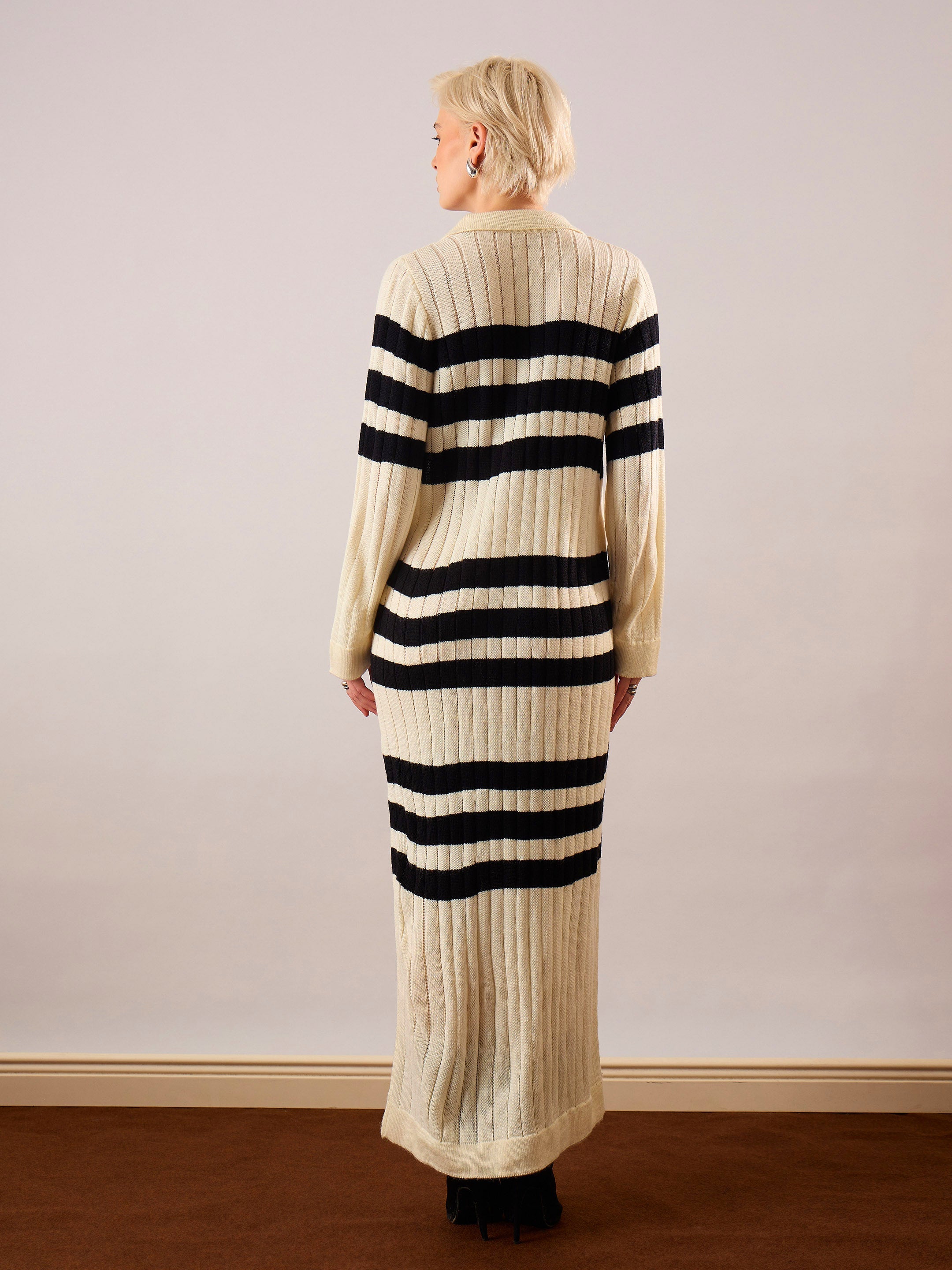 Women Black & Off White Striped Acrylic Wool Collar Midi Dress-SFDRSS13382