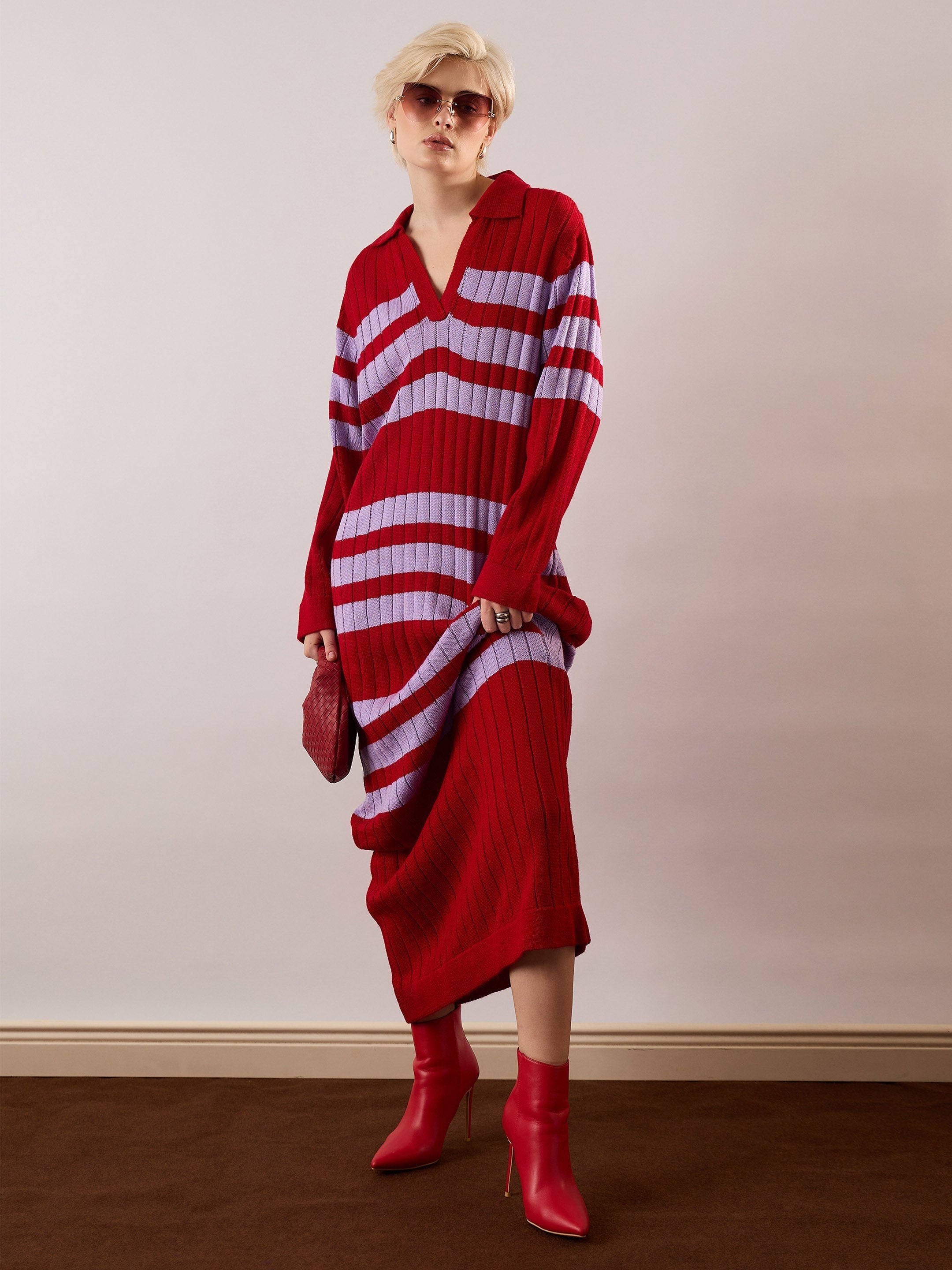 Women Red & Lavender Striped Acrylic Wool Collar Midi Dress-SFDRSS13383