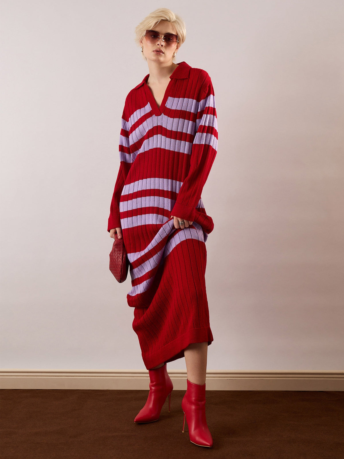 Women Red & Lavender Striped Acrylic Wool Collar Midi Dress-SFDRSS13383