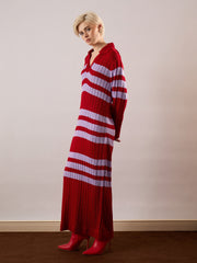Women Red & Lavender Striped Acrylic Wool Collar Midi Dress-SFDRSS13383