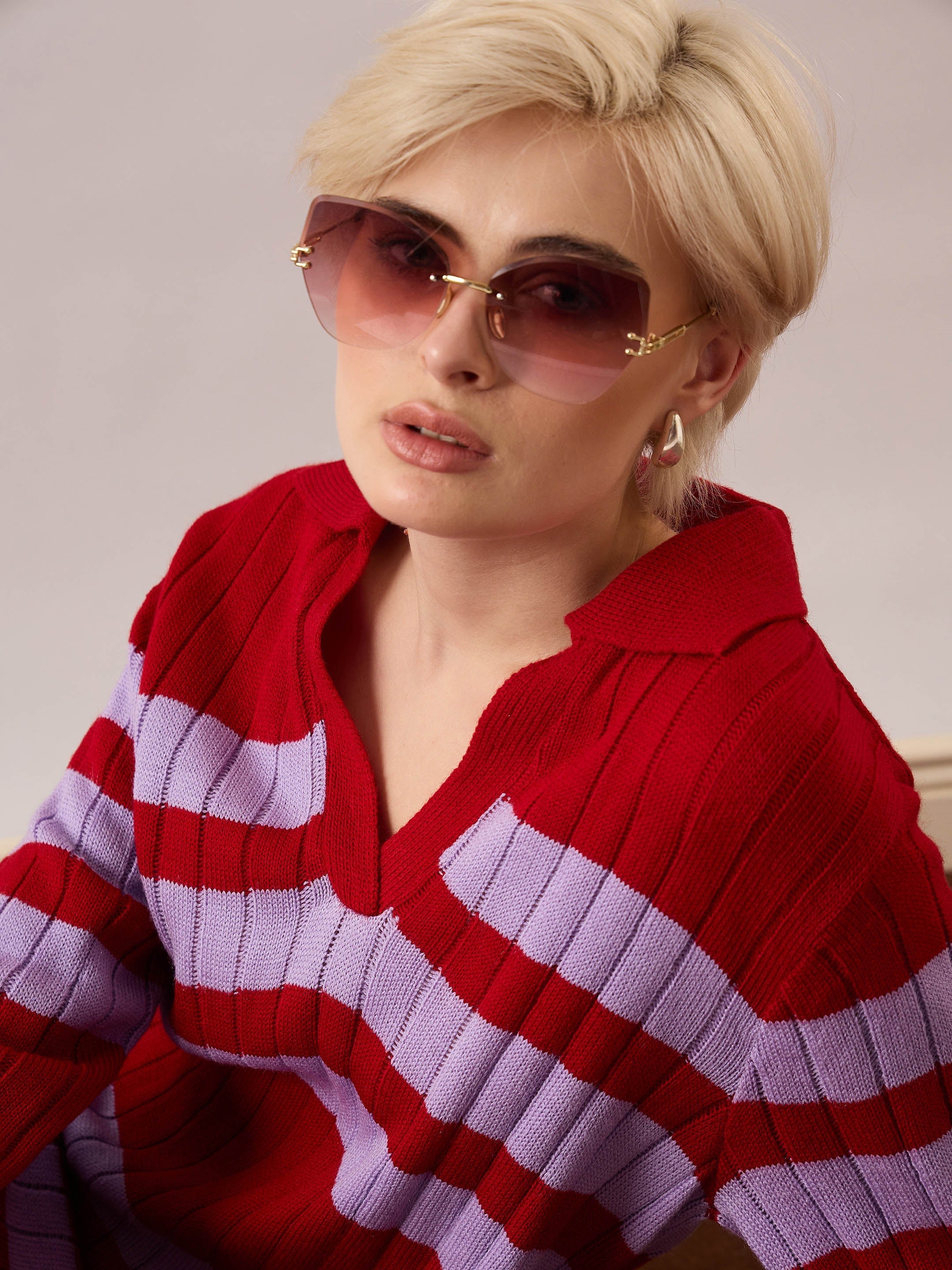 Women Red & Lavender Striped Acrylic Wool Collar Midi Dress-SFDRSS13383