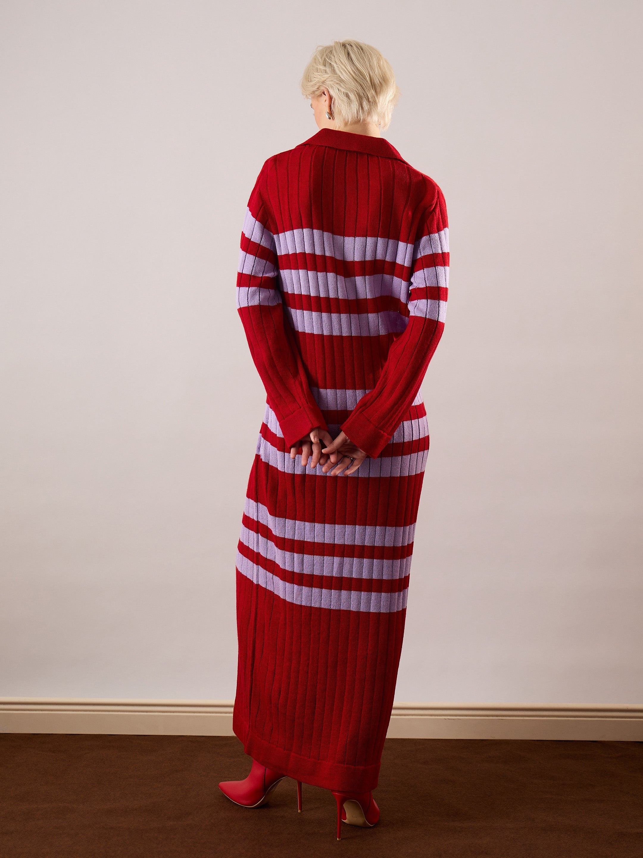 Women Red & Lavender Striped Acrylic Wool Collar Midi Dress-SFDRSS13383