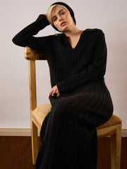 Women Black Acrylic Wool Collar Midi Dress-SFDRSS13384