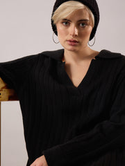 Women Black Acrylic Wool Collar Midi Dress-SFDRSS13384