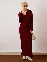 Women Maroon Acrylic Wool Collar Midi Dress-SFDRSS13385