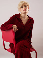 Women Maroon Acrylic Wool Collar Midi Dress-SFDRSS13385