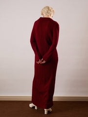 Women Maroon Acrylic Wool Collar Midi Dress-SFDRSS13385