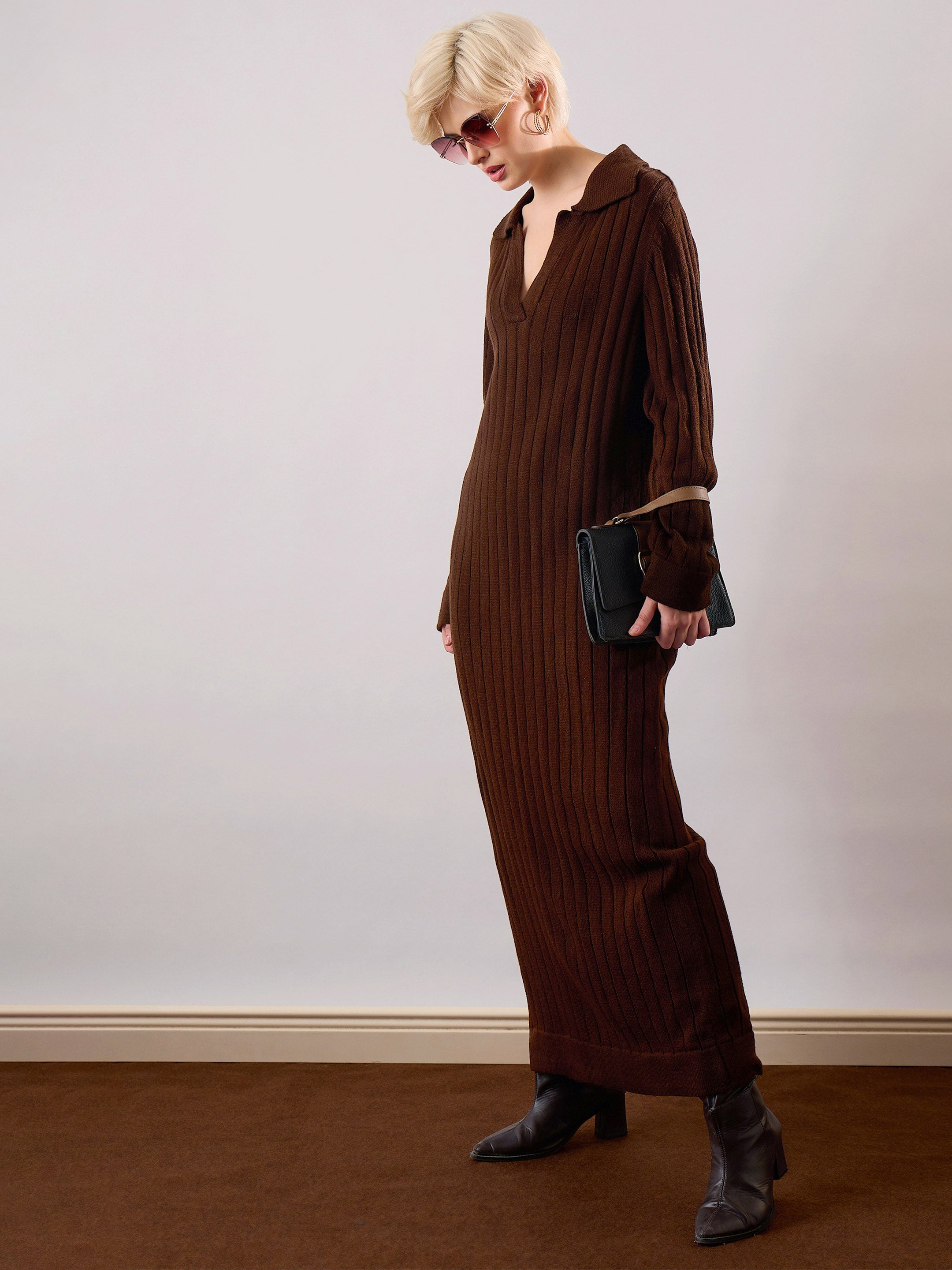Women Brown Acrylic Wool Collar Midi Dress-SFDRSS13386