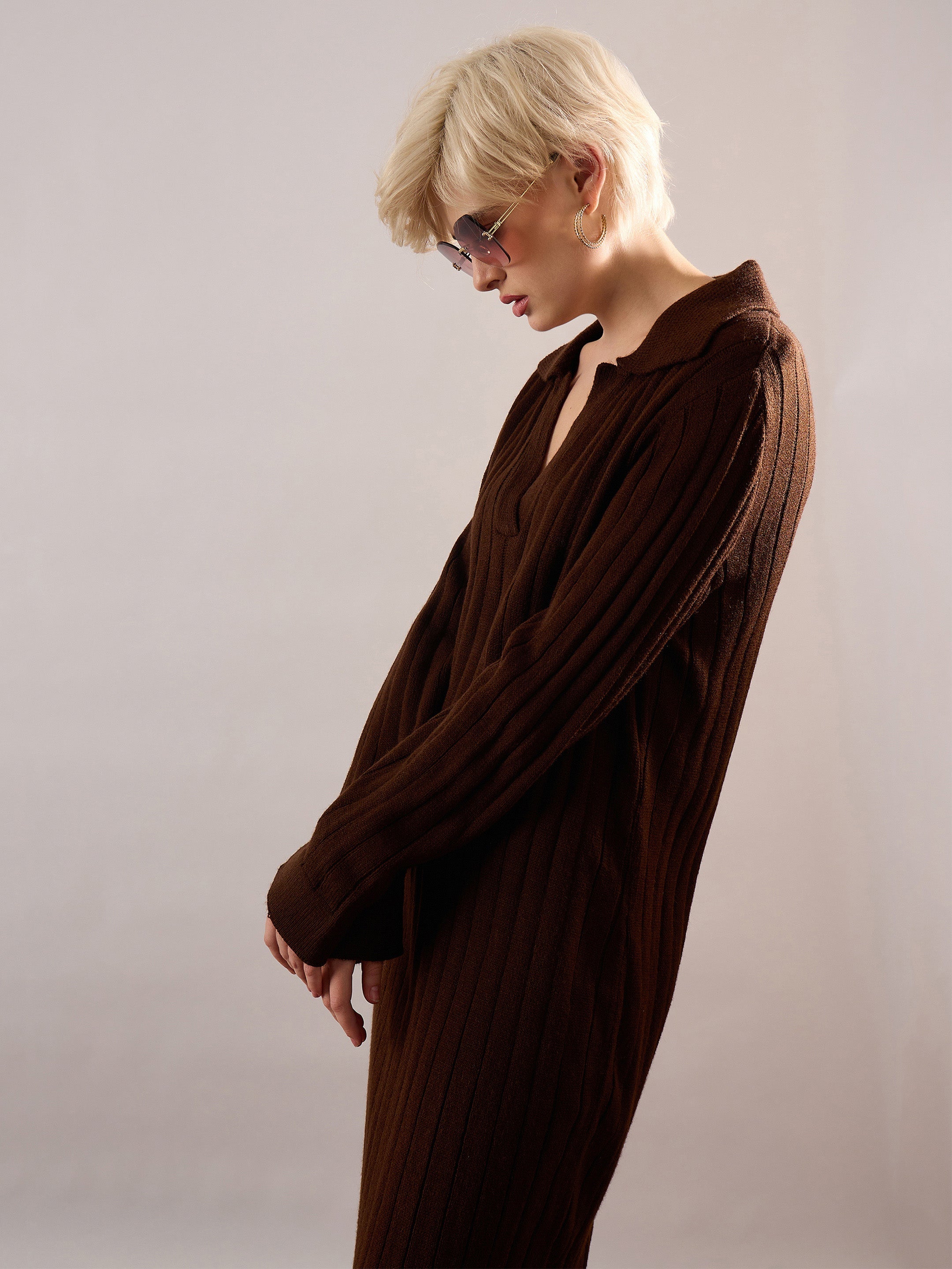 Women Brown Acrylic Wool Collar Midi Dress-SFDRSS13386