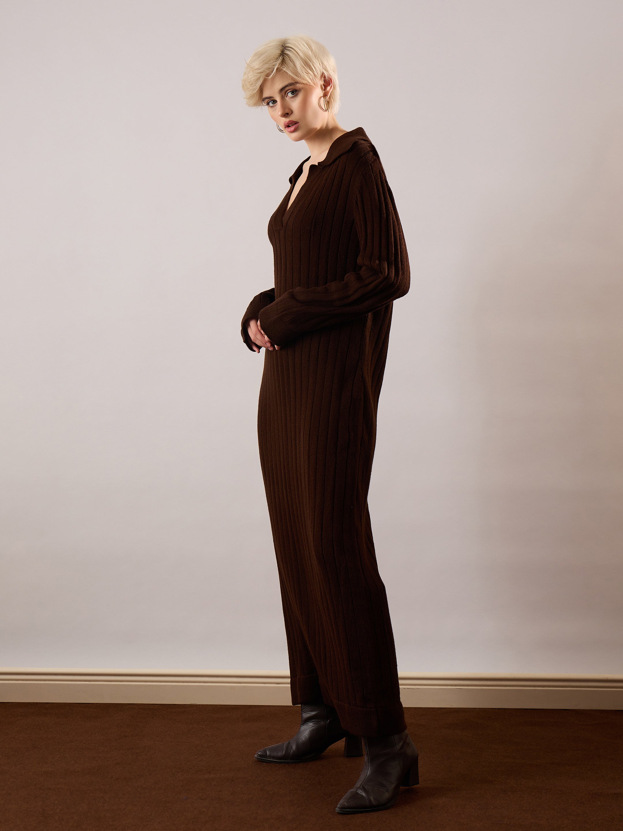 Women Brown Acrylic Wool Collar Midi Dress-SFDRSS13386