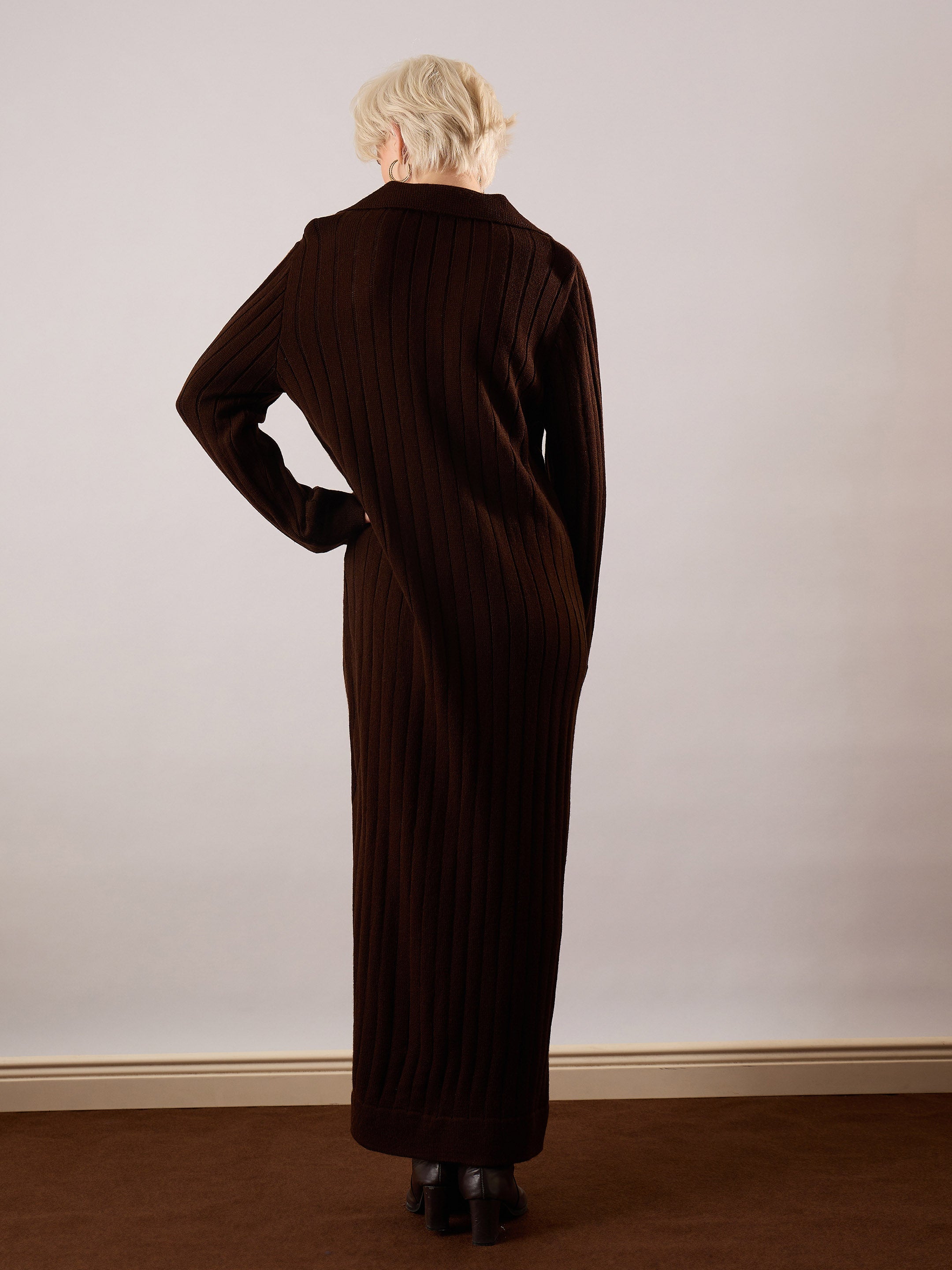 Women Brown Acrylic Wool Collar Midi Dress-SFDRSS13386