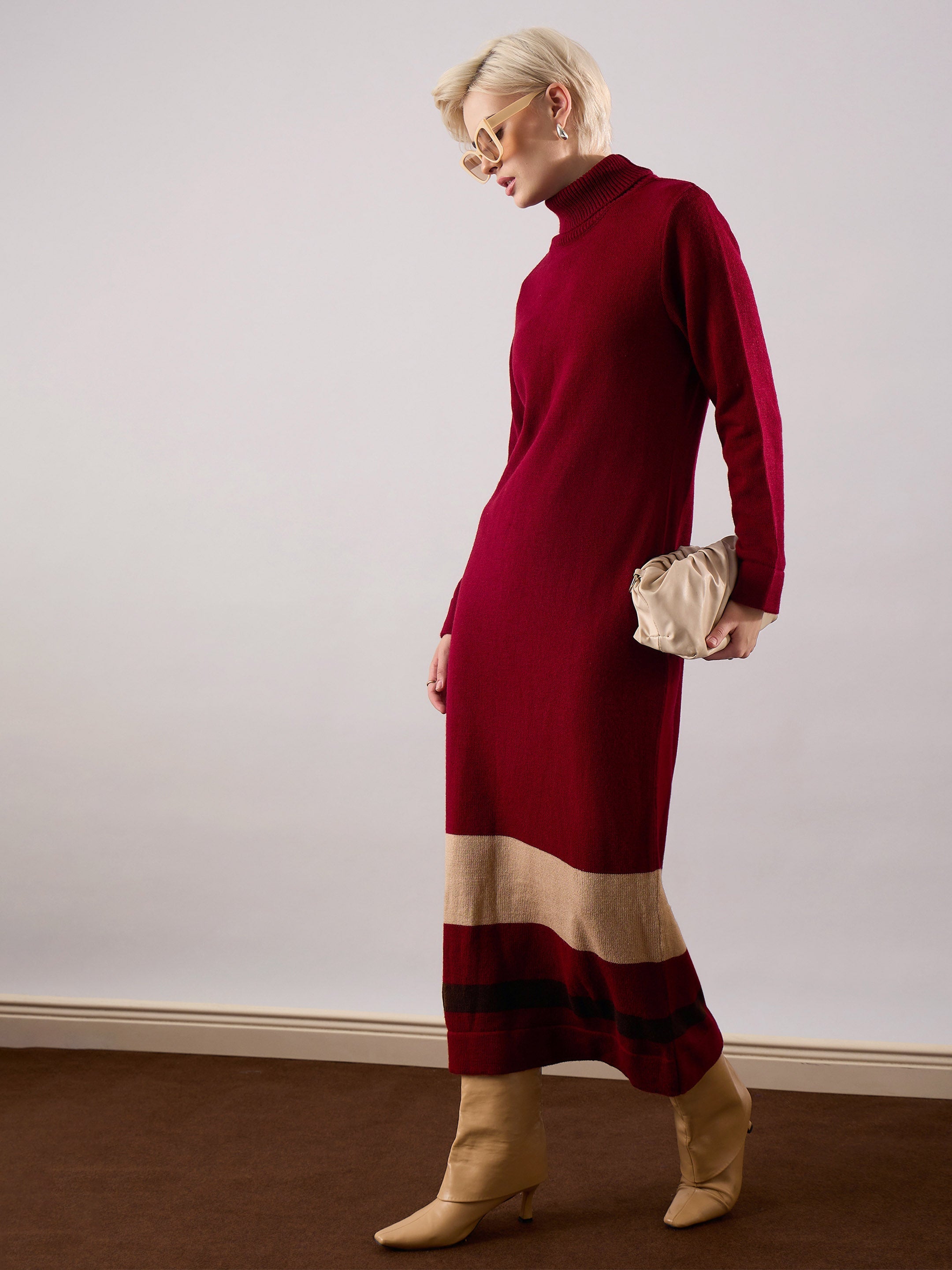 Women Maroon Solid Acrylic Wool Turtle neck Maxi Dress-SFDRSS13387