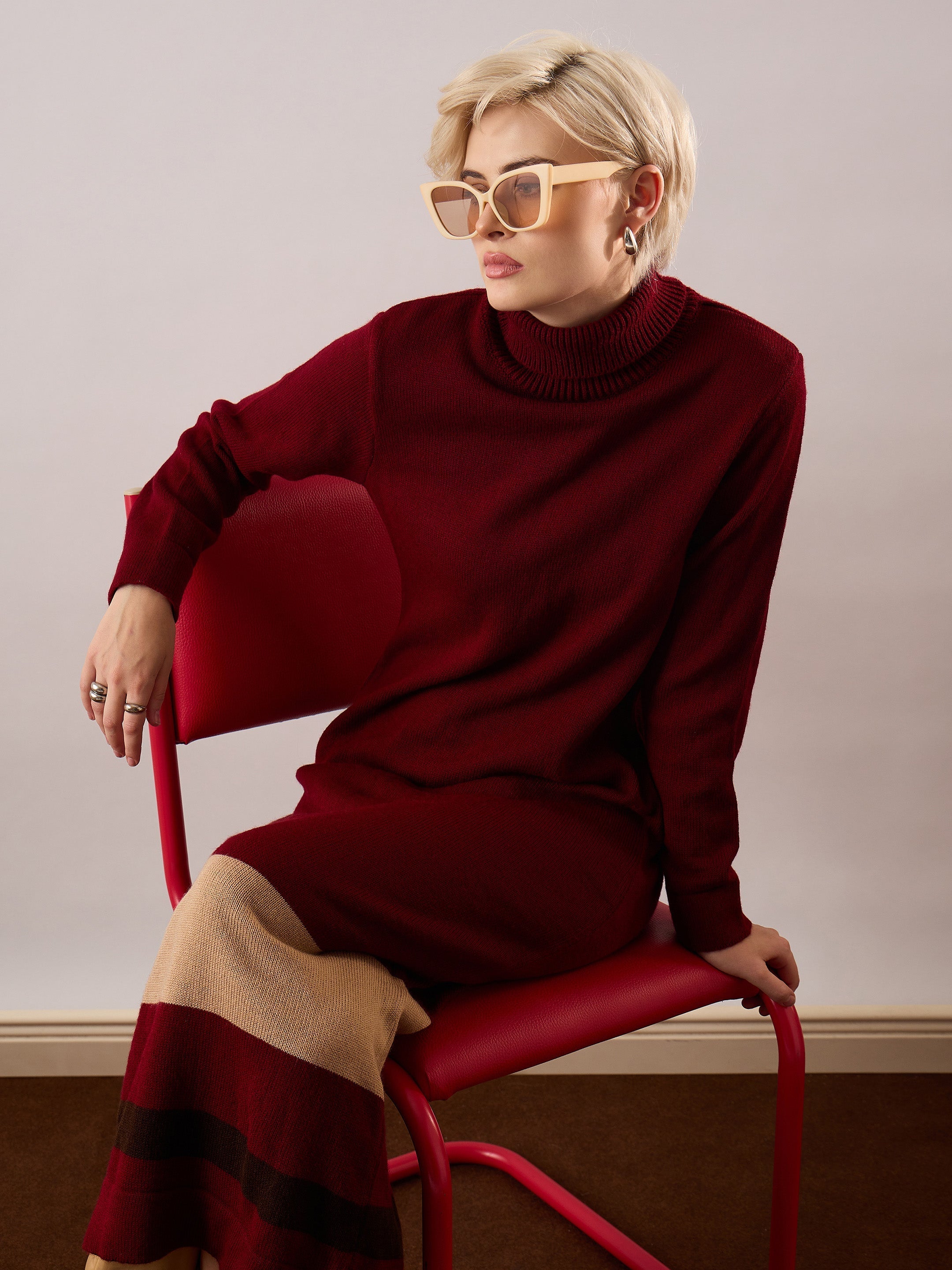 Women Maroon Solid Acrylic Wool Turtle neck Maxi Dress-SFDRSS13387