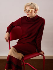 Women Maroon Solid Acrylic Wool Turtle neck Maxi Dress-SFDRSS13387