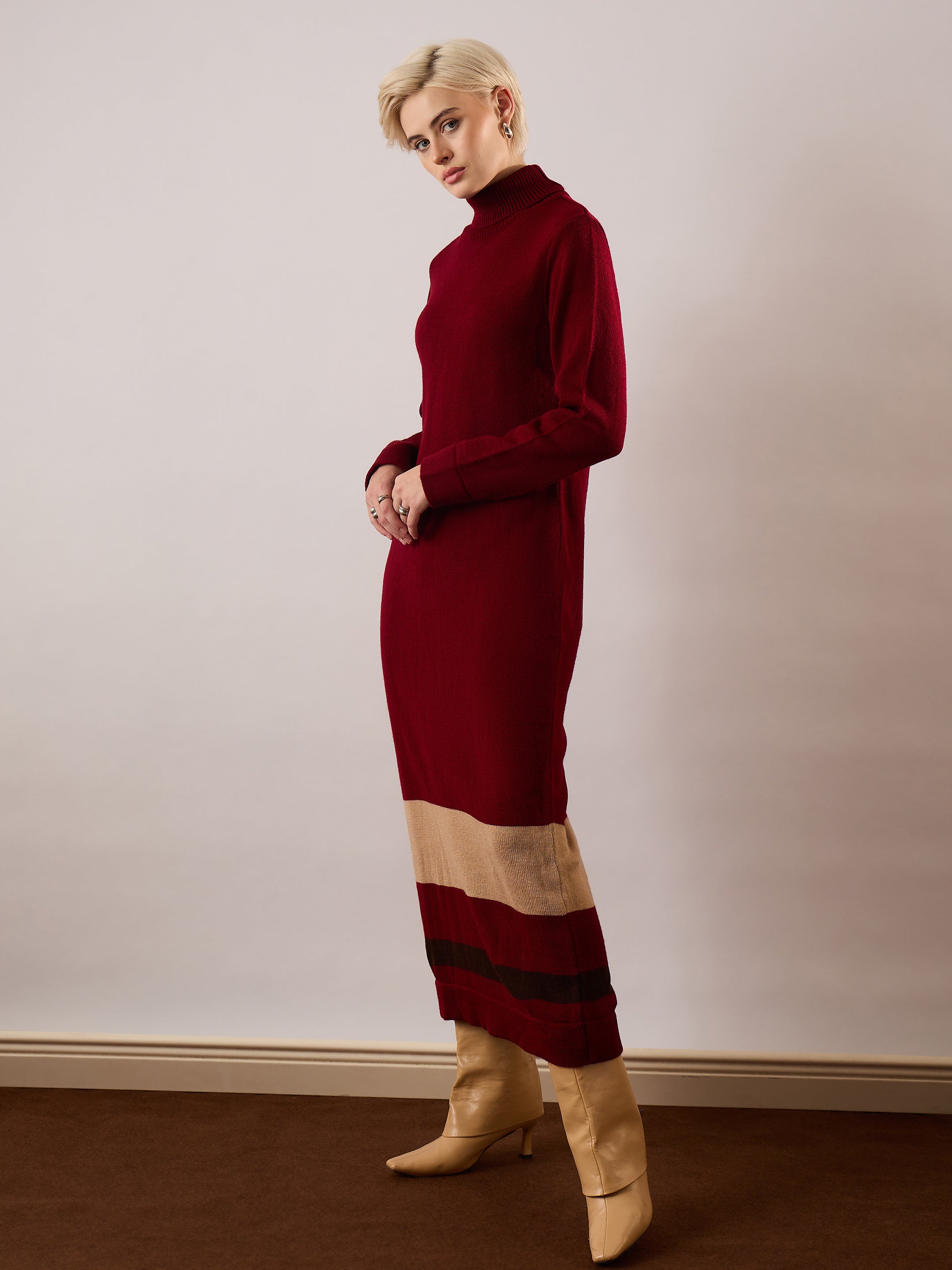 Women Maroon Solid Acrylic Wool Turtle neck Maxi Dress-SFDRSS13387
