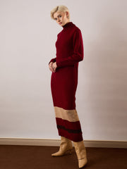 Women Maroon Solid Acrylic Wool Turtle neck Maxi Dress-SFDRSS13387