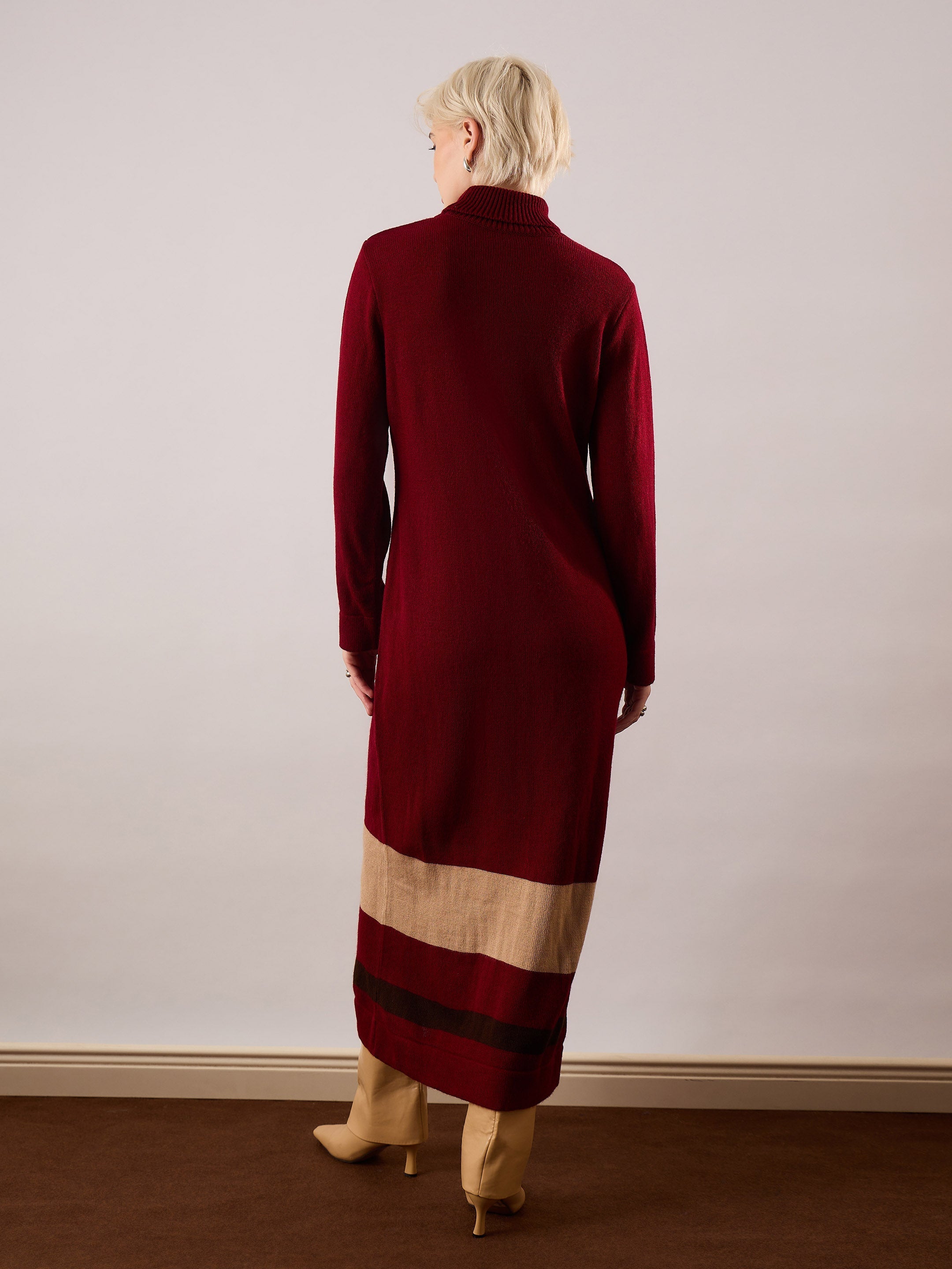 Women Maroon Solid Acrylic Wool Turtle neck Maxi Dress-SFDRSS13387