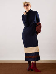 Women Navy Blue Solid Acrylic Wool Turtle neck Maxi Dress-SFDRSS13388