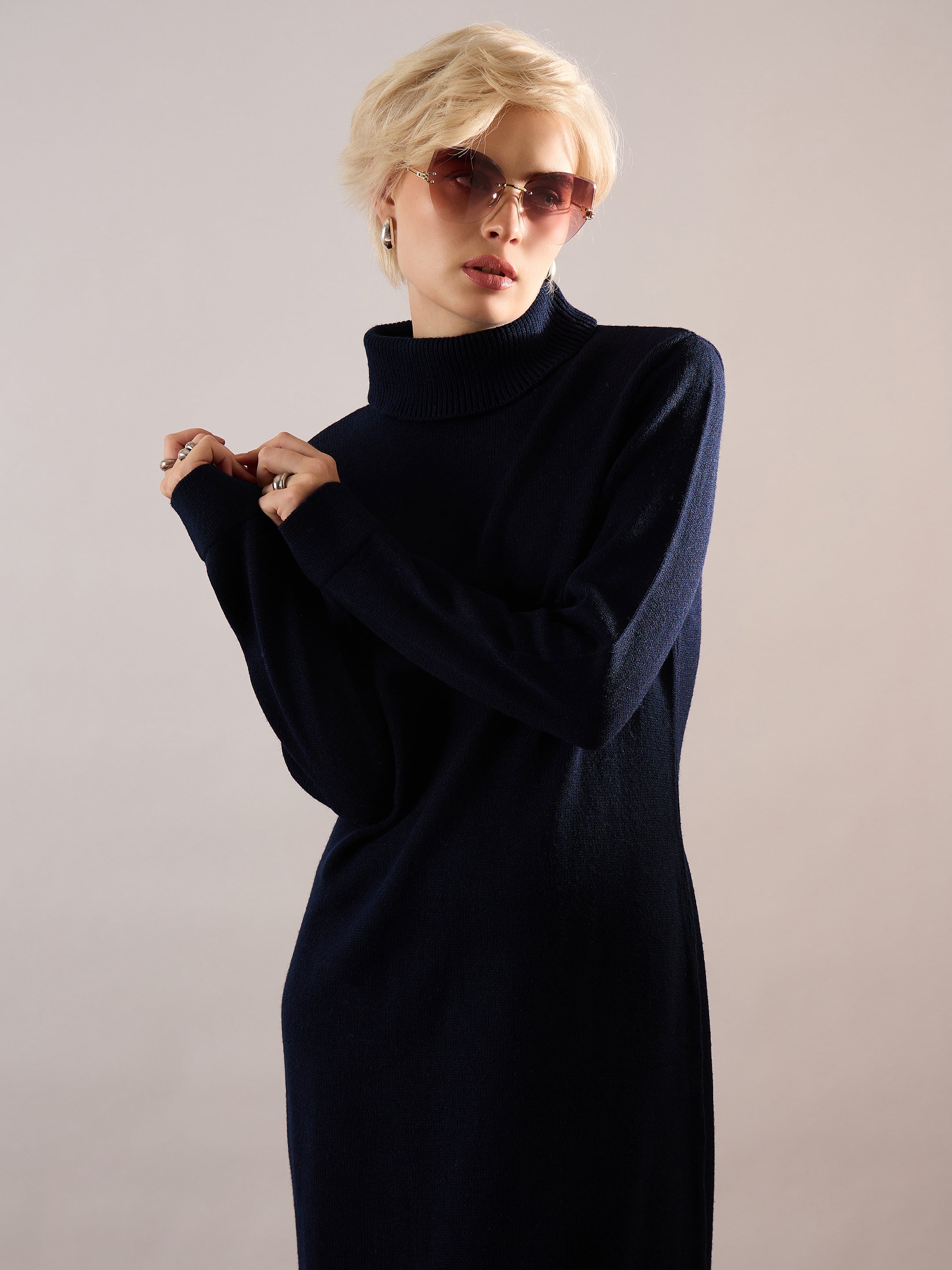 Women Navy Blue Solid Acrylic Wool Turtle neck Maxi Dress-SFDRSS13388