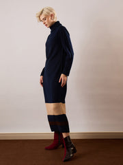 Women Navy Blue Solid Acrylic Wool Turtle neck Maxi Dress-SFDRSS13388