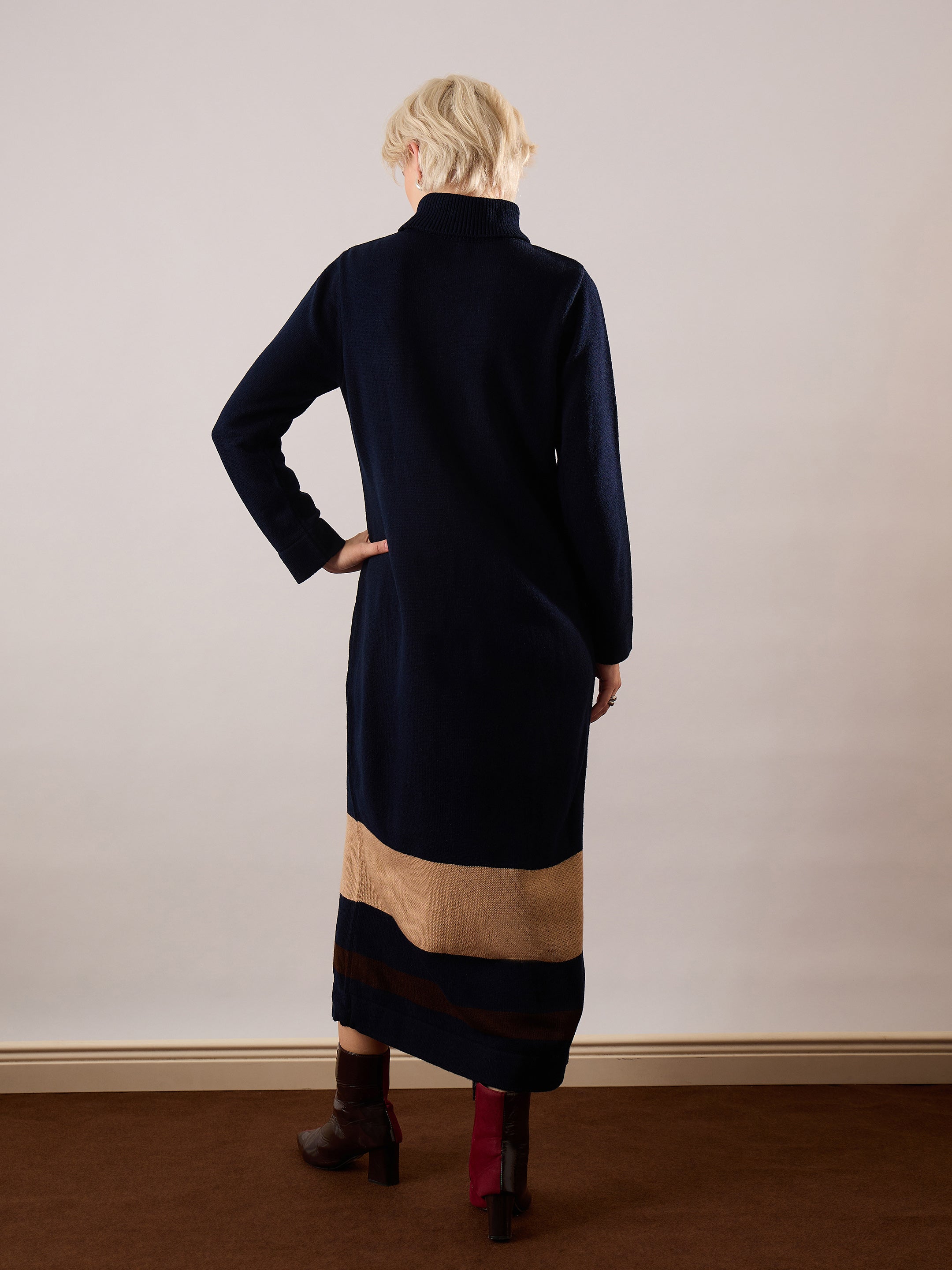 Women Navy Blue Solid Acrylic Wool Turtle neck Maxi Dress-SFDRSS13388